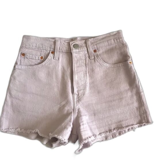 Levi's Chalky Lavender Frost Purple High Rise Ribcage Denim Raw Hem Shorts Sz 26 - Picture 1 of 12